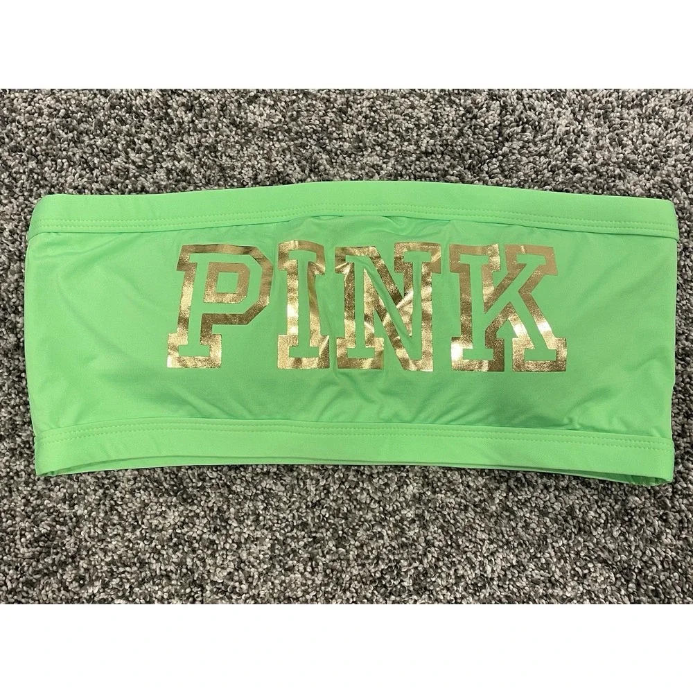 Victoria's Secret PINK Bandeau Bikini Swim Top Neon Green Gold Logo Size Large